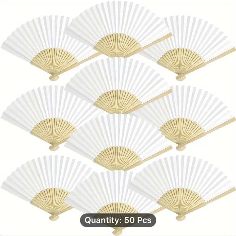 Elegant White and Tan Hand Fans - 50 Pack